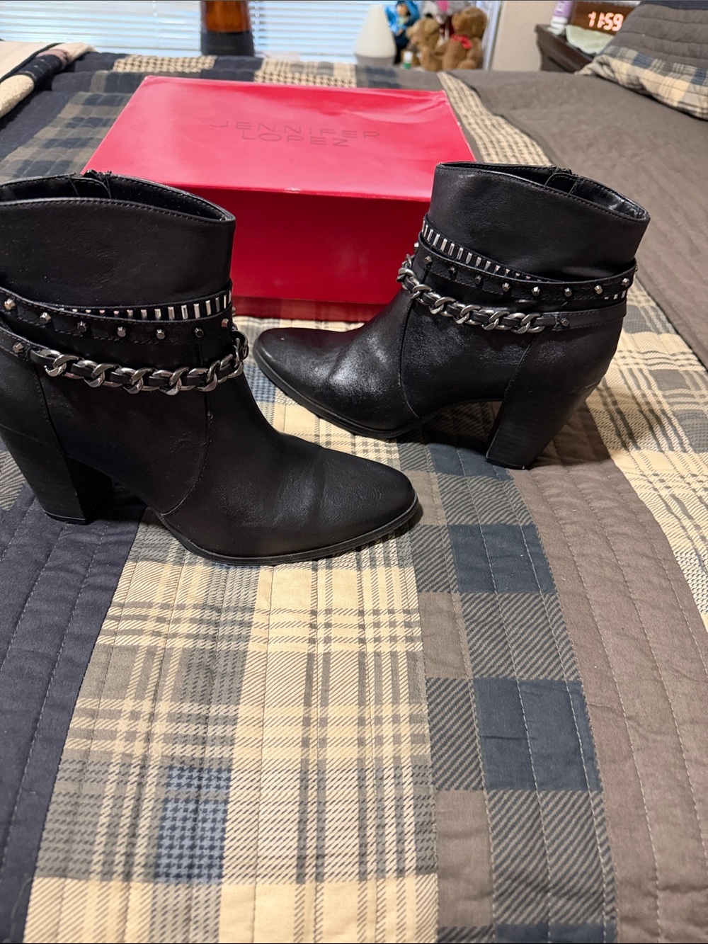 Jennifer Lopez Black Stud & Chain Accent Ankle Boots